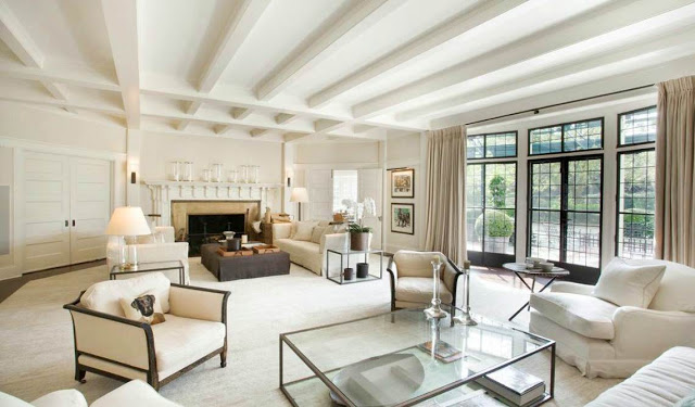 cococozy hamptons mansion real estate home house living room off white beige white on white french doors encasement windows black trim