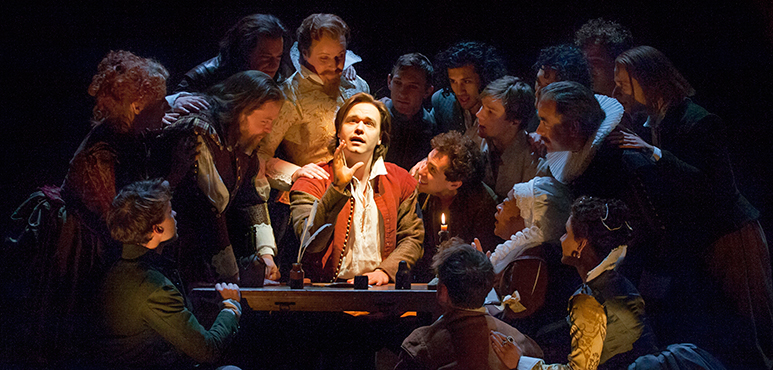 Luke Humphrey (centre) as Will Shakespeare with members of the company in Shakespeare in Love. Photography by David Hou.